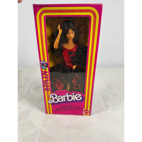 Vintage 1984 Barbie Hello! Honey doll in its original pink and yellow packaging, standing on a white textured surface against a plain white background. Spanish Barbie Doll In Box Vintage 1982 Mattel Collectible From Spain 4031 NIB