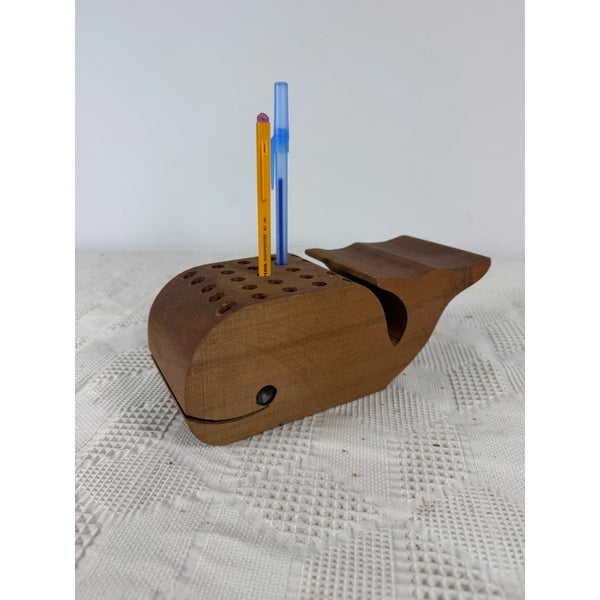 Wooden Whale Shaped Pen or Pencil Holder w 24 holes for Desk Organization Decor