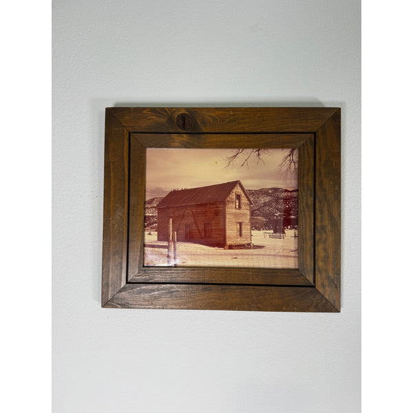 Rustic Wooden Framed Print Of Abandoned Cabin Winter Scene w Mountains and Fence