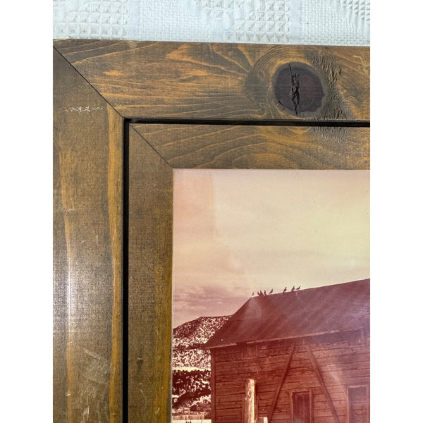 Rustic Wooden Framed Print Of Abandoned Cabin Winter Scene w Mountains and Fence