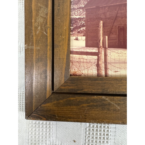 Rustic Wooden Framed Print Of Abandoned Cabin Winter Scene w Mountains and Fence