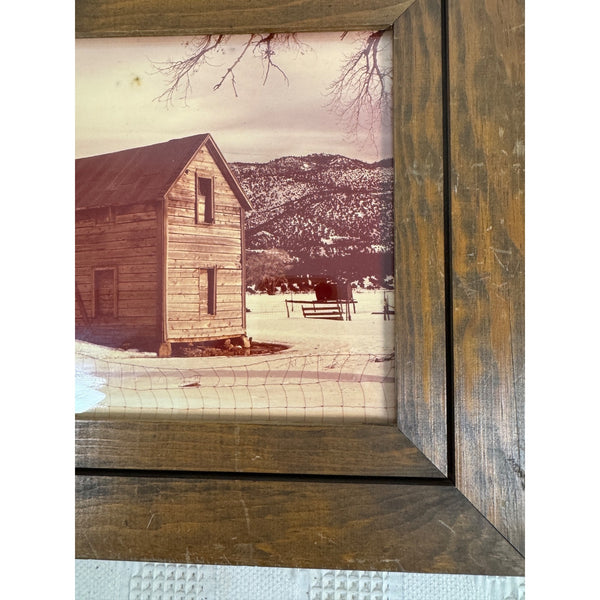 Rustic Wooden Framed Print Of Abandoned Cabin Winter Scene w Mountains and Fence
