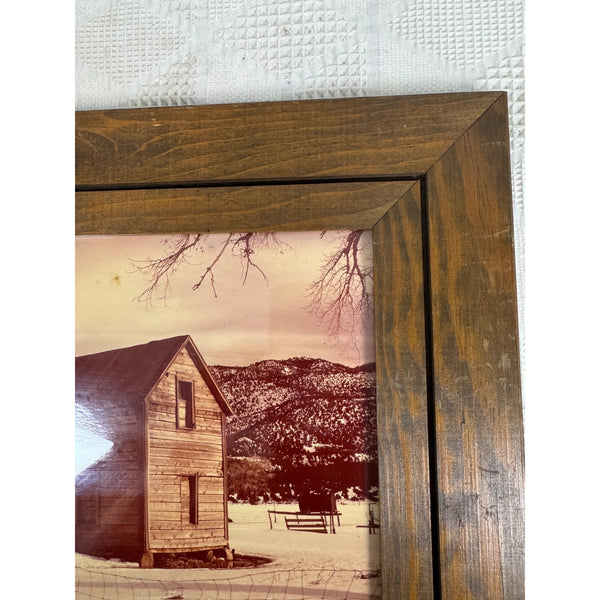 Rustic Wooden Framed Print Of Abandoned Cabin Winter Scene w Mountains and Fence