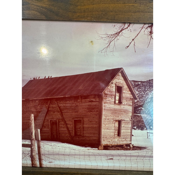 Rustic Wooden Framed Print Of Abandoned Cabin Winter Scene w Mountains and Fence