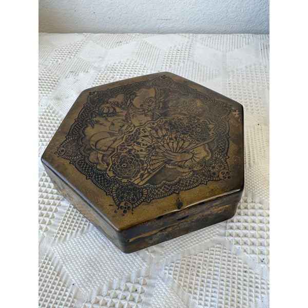 Antique Brass Tone Hexagonal Artstyle Chocolate Co Box w Intricate Etched Design