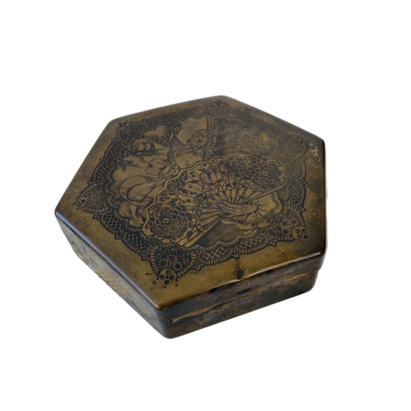 Antique Brass Tone Hexagonal Artstyle Chocolate Co Box w Intricate Etched Design
