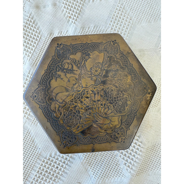 Antique Brass Tone Hexagonal Artstyle Chocolate Co Box w Intricate Etched Design