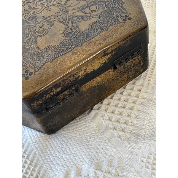 Antique Brass Tone Hexagonal Artstyle Chocolate Co Box w Intricate Etched Design