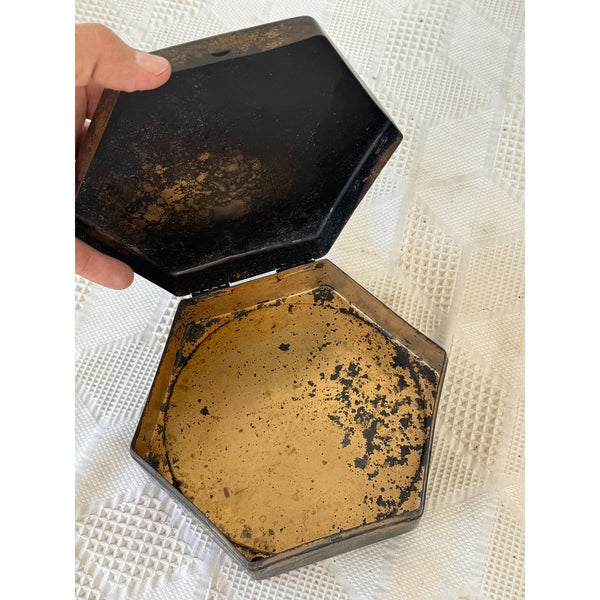 Antique Brass Tone Hexagonal Artstyle Chocolate Co Box w Intricate Etched Design