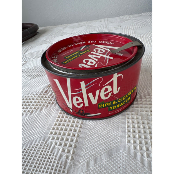 Velvet Pipe and Cigarette Tobacco Red Tin 7 Oz Vintage Collectible With Lid