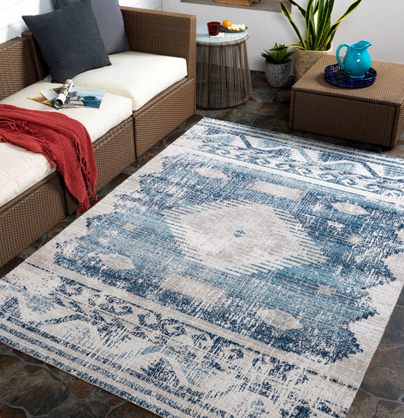 Westmount Denim Aztec Outdoor Safe Area Rug porch