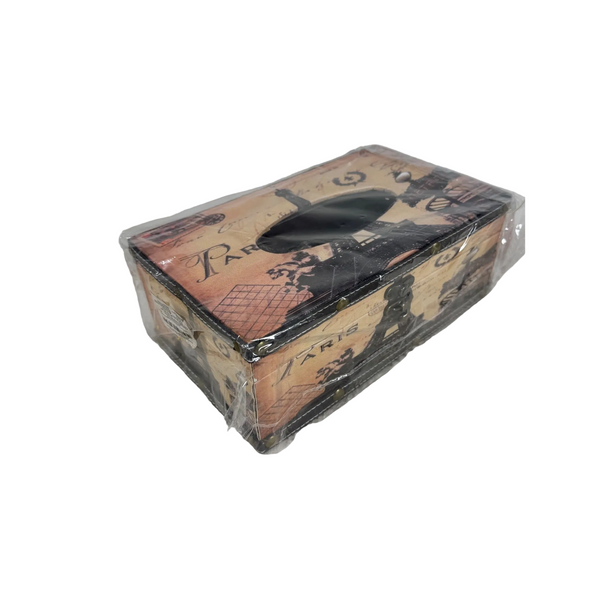 Paris Eiffel Tower Tissue Box Cover Latch Leatherette Finish Old World Stye NEW. A decorative tissue box cover or small box wrapped in clear plastic, featuring a vintage Paris map design with black silhouettes and script text, photographed on a textured light surface against a plain light gray background.
