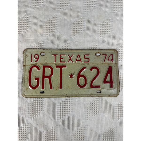 Vintage 1974 Texas License Plate GRT White w Red Embossed Lettering Rustic