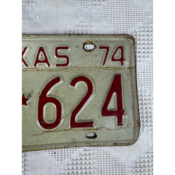 Vintage 1974 Texas License Plate GRT White w Red Embossed Lettering Rustic