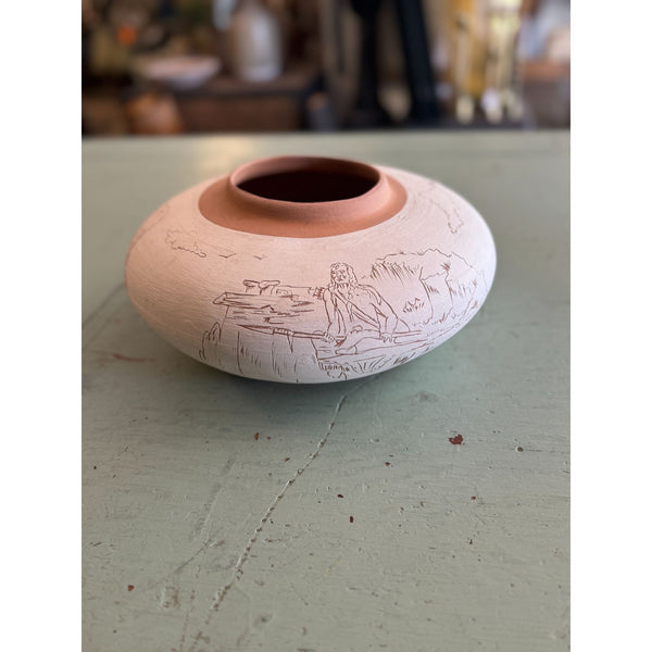 Handmade Native American Navajo Style Pottery Vase Signed w Engraved Designs