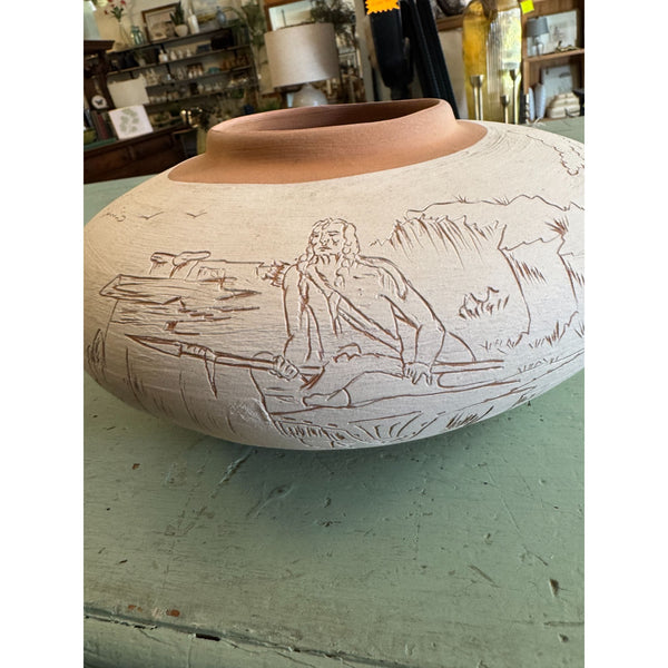 Handmade Native American Navajo Style Pottery Vase Signed w Engraved Designs
