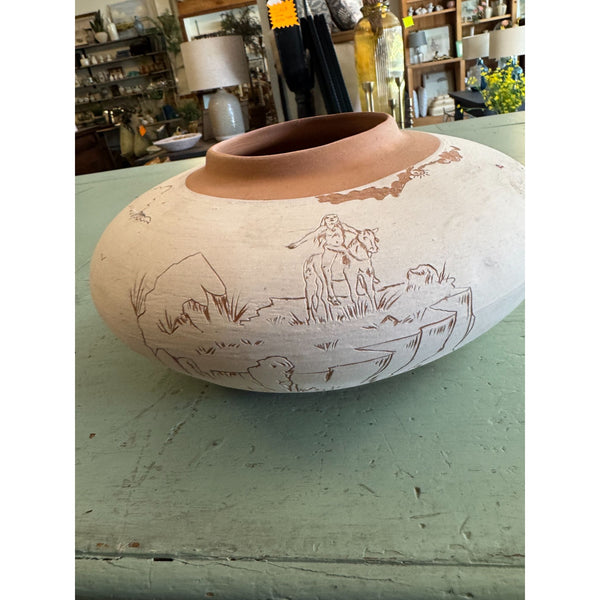 Handmade Native American Navajo Style Pottery Vase Signed w Engraved Designs