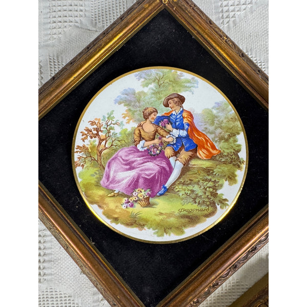 Pair Of Framed Limoges Porcelain Plaques By Fragonard Depicting Romantic Scenes