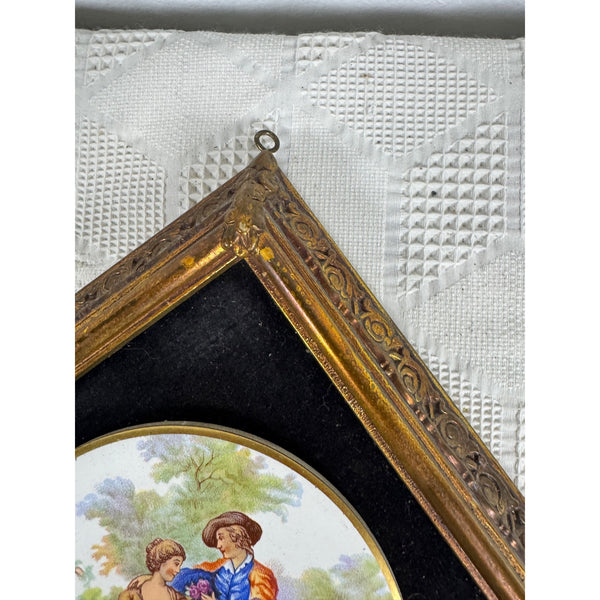 Pair Of Framed Limoges Porcelain Plaques By Fragonard Depicting Romantic Scenes