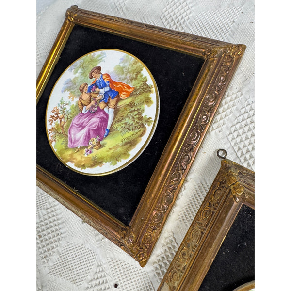 Pair Of Framed Limoges Porcelain Plaques By Fragonard Depicting Romantic Scenes