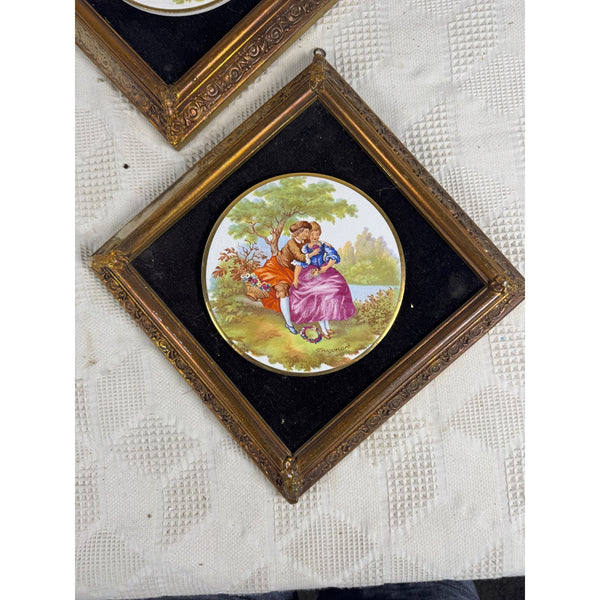 Pair Of Framed Limoges Porcelain Plaques By Fragonard Depicting Romantic Scenes