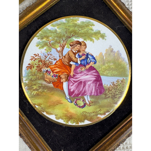 Pair Of Framed Limoges Porcelain Plaques By Fragonard Depicting Romantic Scenes