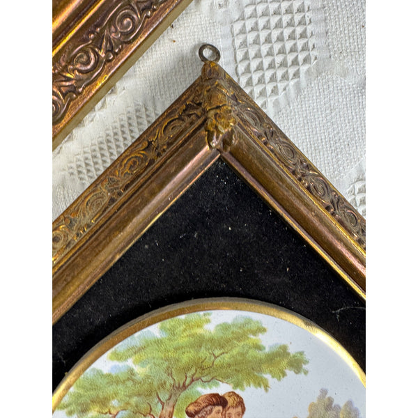 Pair Of Framed Limoges Porcelain Plaques By Fragonard Depicting Romantic Scenes