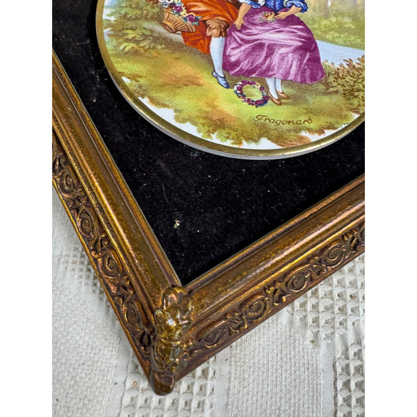 Pair Of Framed Limoges Porcelain Plaques By Fragonard Depicting Romantic Scenes
