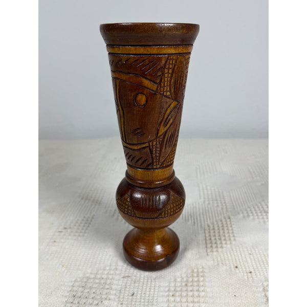 Hand Carved Wooden Vase With Polynesian Style Fish and Floral Design Vintage