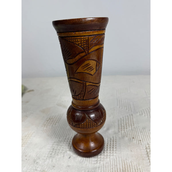 Hand Carved Wooden Vase With Polynesian Style Fish and Floral Design Vintage