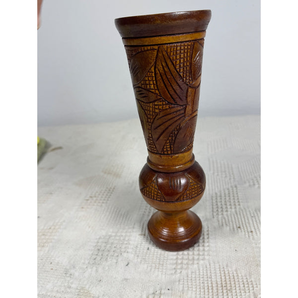 Hand Carved Wooden Vase With Polynesian Style Fish and Floral Design Vintage