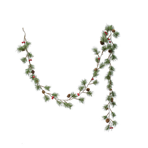 72"L Faux Pine Needle & Natural Pinecone Garland w/ Red Berries