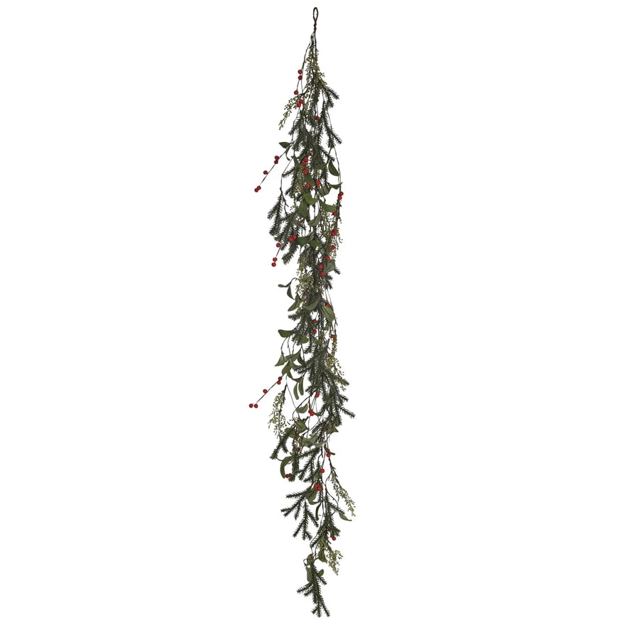 Faux Pine & Mistletoe Garland w/ Red Berries