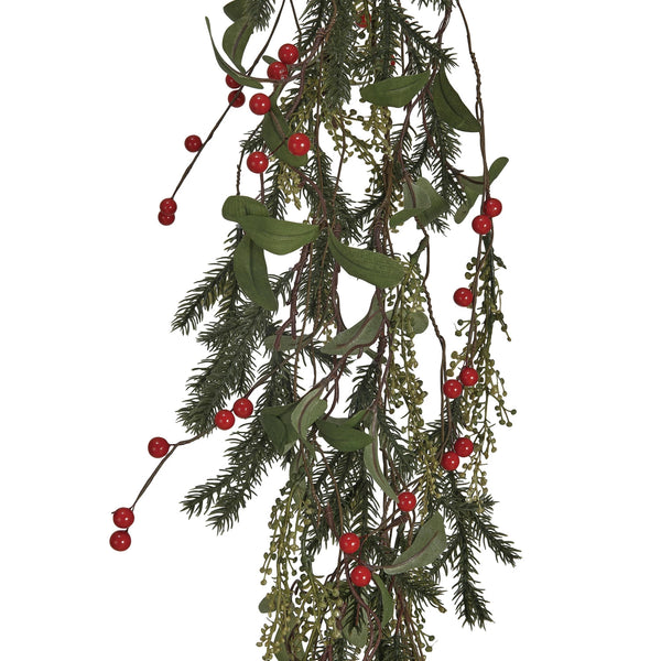 Faux Pine & Mistletoe Garland w/ Red Berries