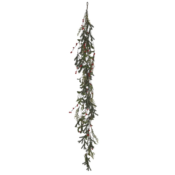 Faux Pine & Mistletoe Garland w/ Red Berries