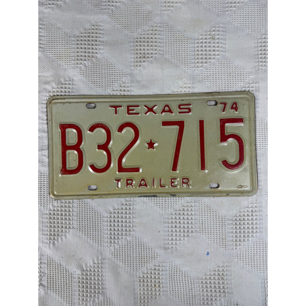 Vintage 1974 Texas Trailer License Plate B32 715 Red Embossed letters on White