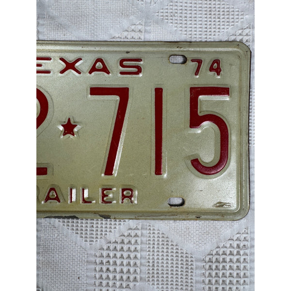 Vintage 1974 Texas Trailer License Plate B32 715 Red Embossed letters on White