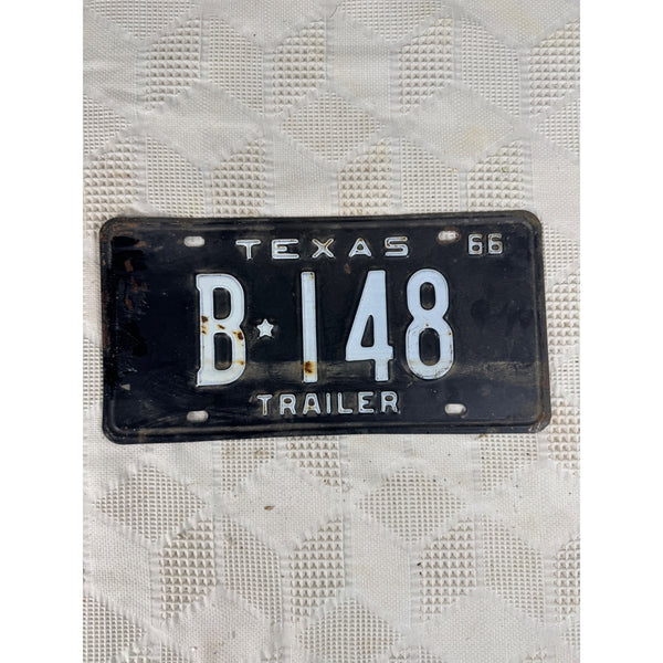 Vintage 1966 Texas Trailer License Plate B 148 Black w White Embossed Lettering