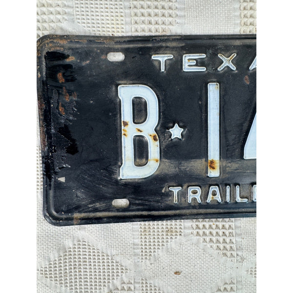 Vintage 1966 Texas Trailer License Plate B 148 Black w White Embossed Lettering
