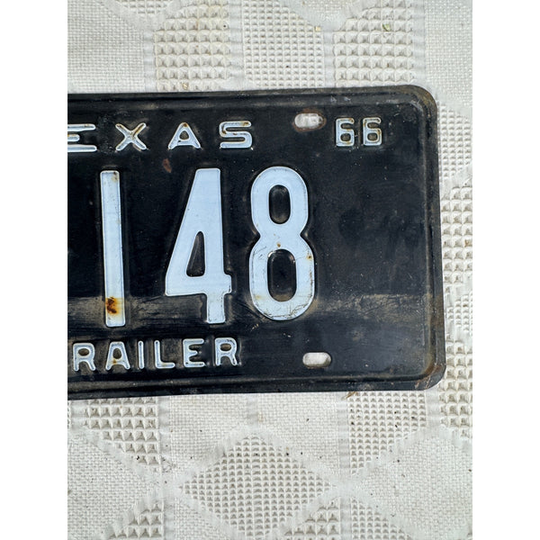 Vintage 1966 Texas Trailer License Plate B 148 Black w White Embossed Lettering