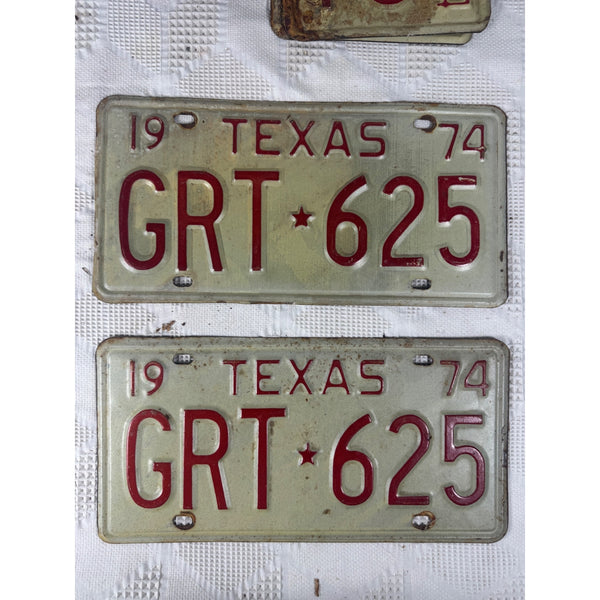 Vintage 1974 Texas License Plates Pair GRT 625 Red Embossed Letters On White