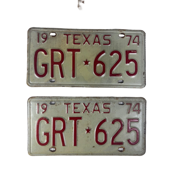 Vintage 1974 Texas License Plates Pair GRT 625 Red Embossed Letters On White 