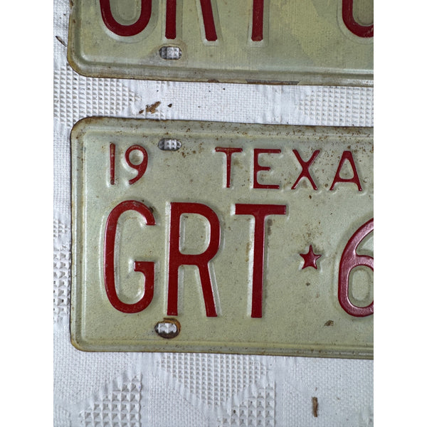 Vintage 1974 Texas License Plates Pair GRT 625 Red Embossed Letters On White