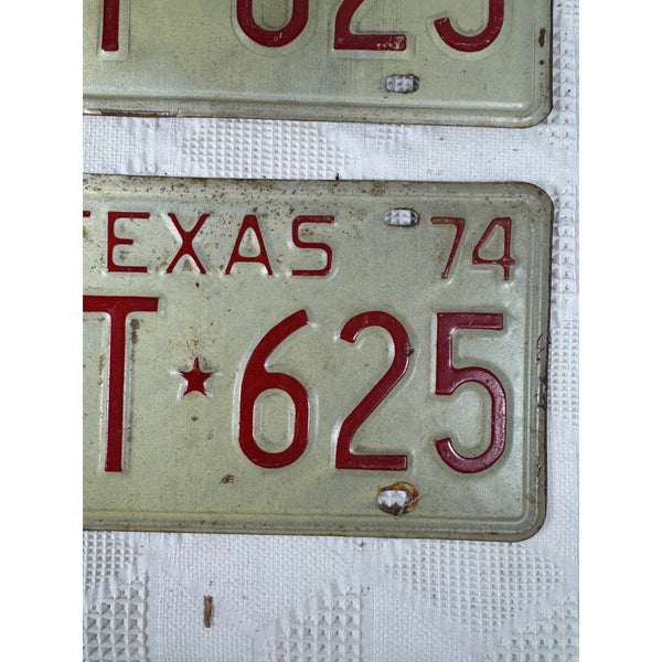 Vintage 1974 Texas License Plates Pair GRT 625 Red Embossed Letters On White