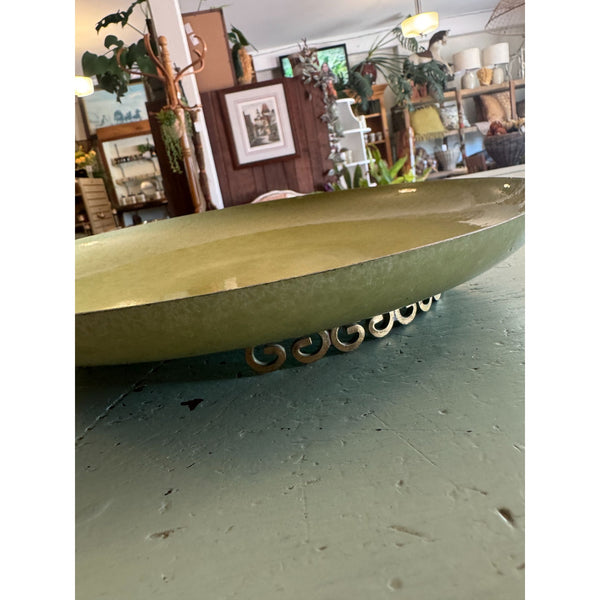Vintage Moire Glaze Kyes Handmade Enamel Brass Serving Platter Tray Green 1960s