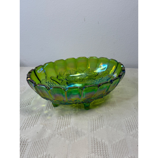 Green Indiana Carnival Glass Footed Bowl Harvest Grape Pattern Vintage