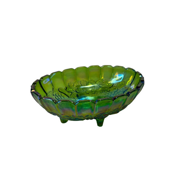 Green Indiana Carnival Glass Footed Bowl Harvest Grape Pattern Vintage 