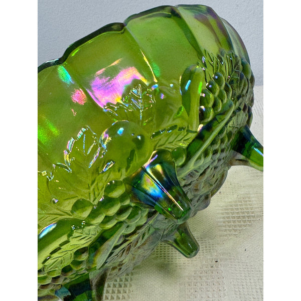 Green Indiana Carnival Glass Footed Bowl Harvest Grape Pattern Vintage