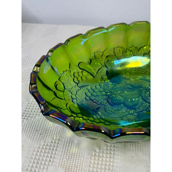 Green Indiana Carnival Glass Footed Bowl Harvest Grape Pattern Vintage