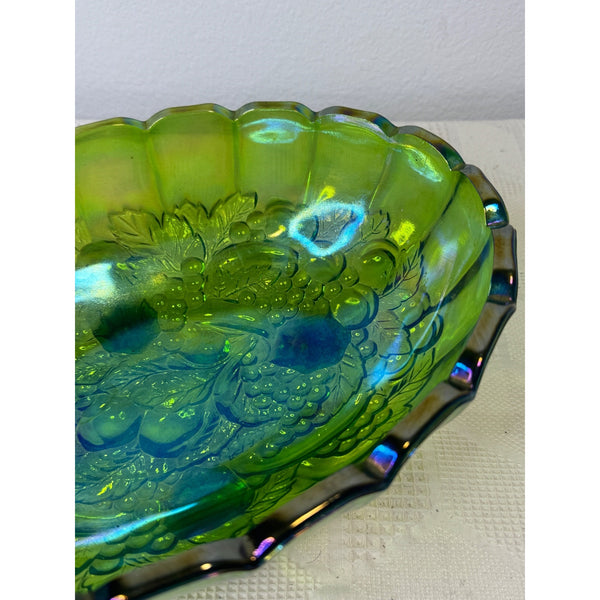 Green Indiana Carnival Glass Footed Bowl Harvest Grape Pattern Vintage